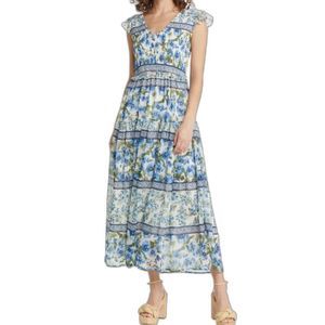 Moon River Blue White Floral Print Smocked Short Sleeve V Neck Maxi Dress S